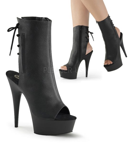 DELIGHT-1018 schwarz PU Peep-Toe Plateau Bootie schwarz Kunstleder mit Schnürung hinten und Reißverschluss seitlich.